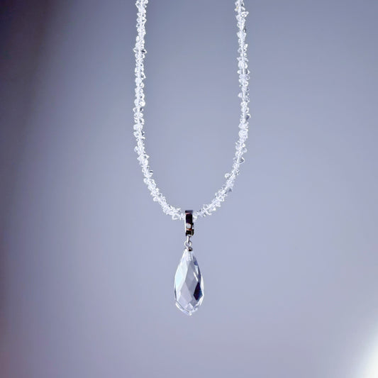 Clear Quartz Crystal Teardrop Pendant and Herkimer Diamond Beaded Necklace