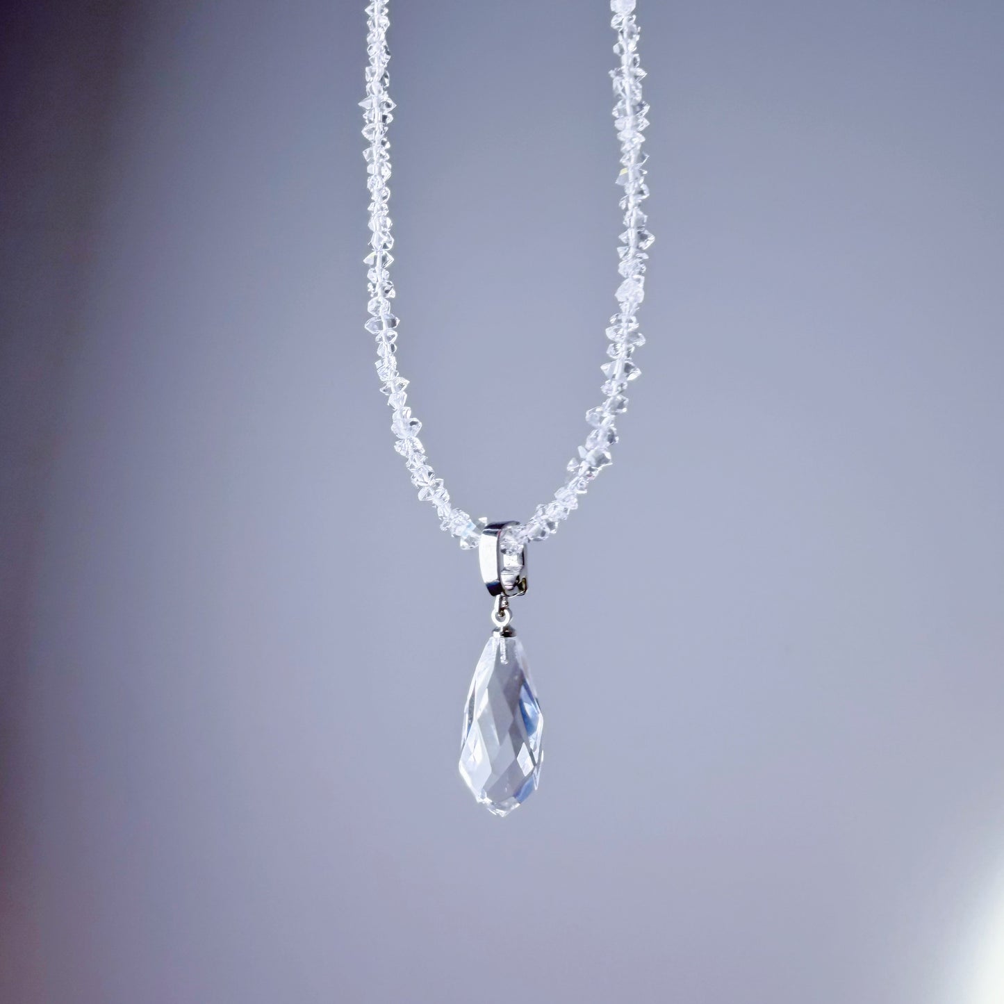 Clear Quartz Crystal Teardrop Pendant and Herkimer Diamond Beaded Necklace