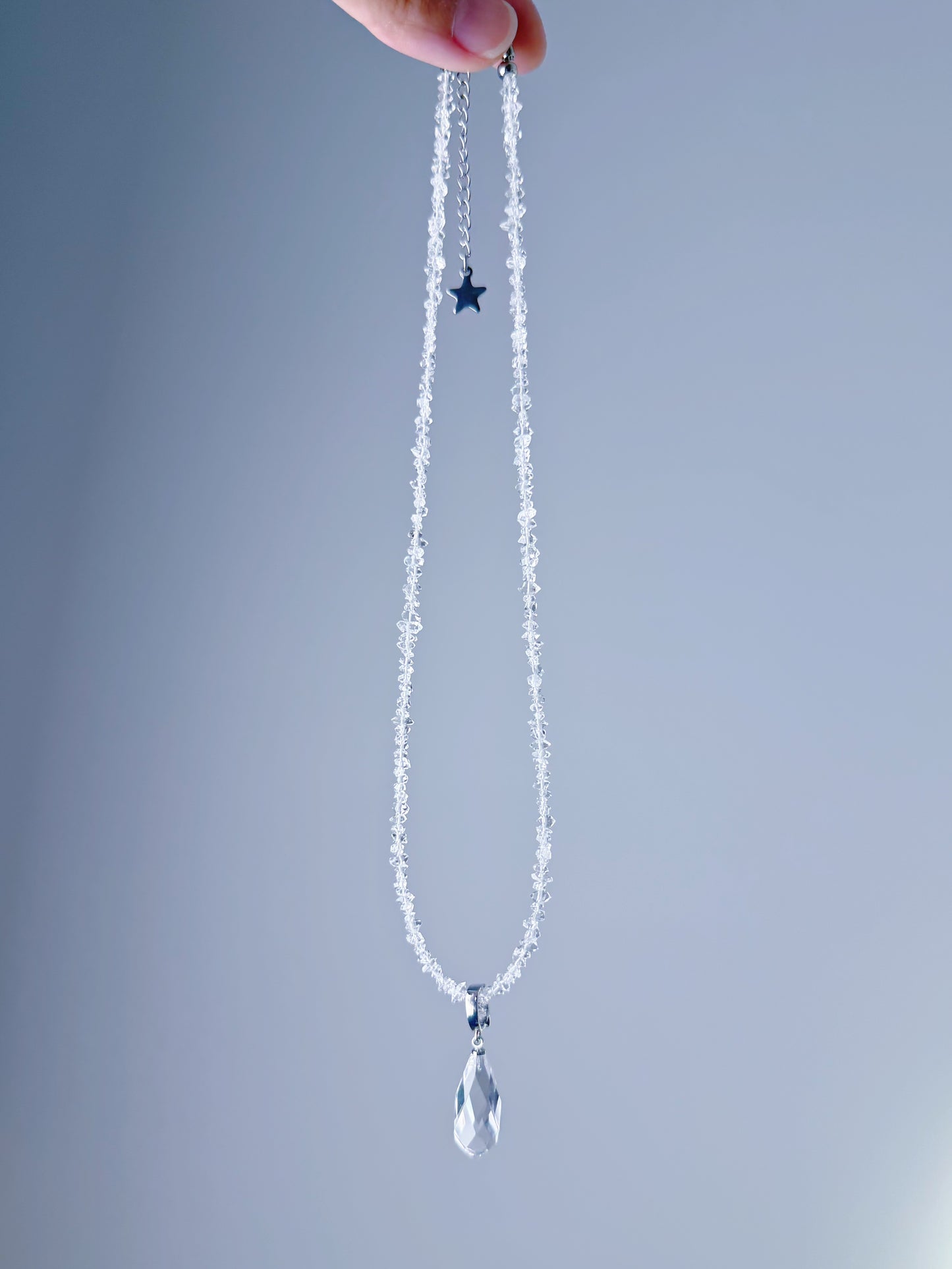 Clear Quartz Crystal Teardrop Pendant and Herkimer Diamond Beaded Necklace