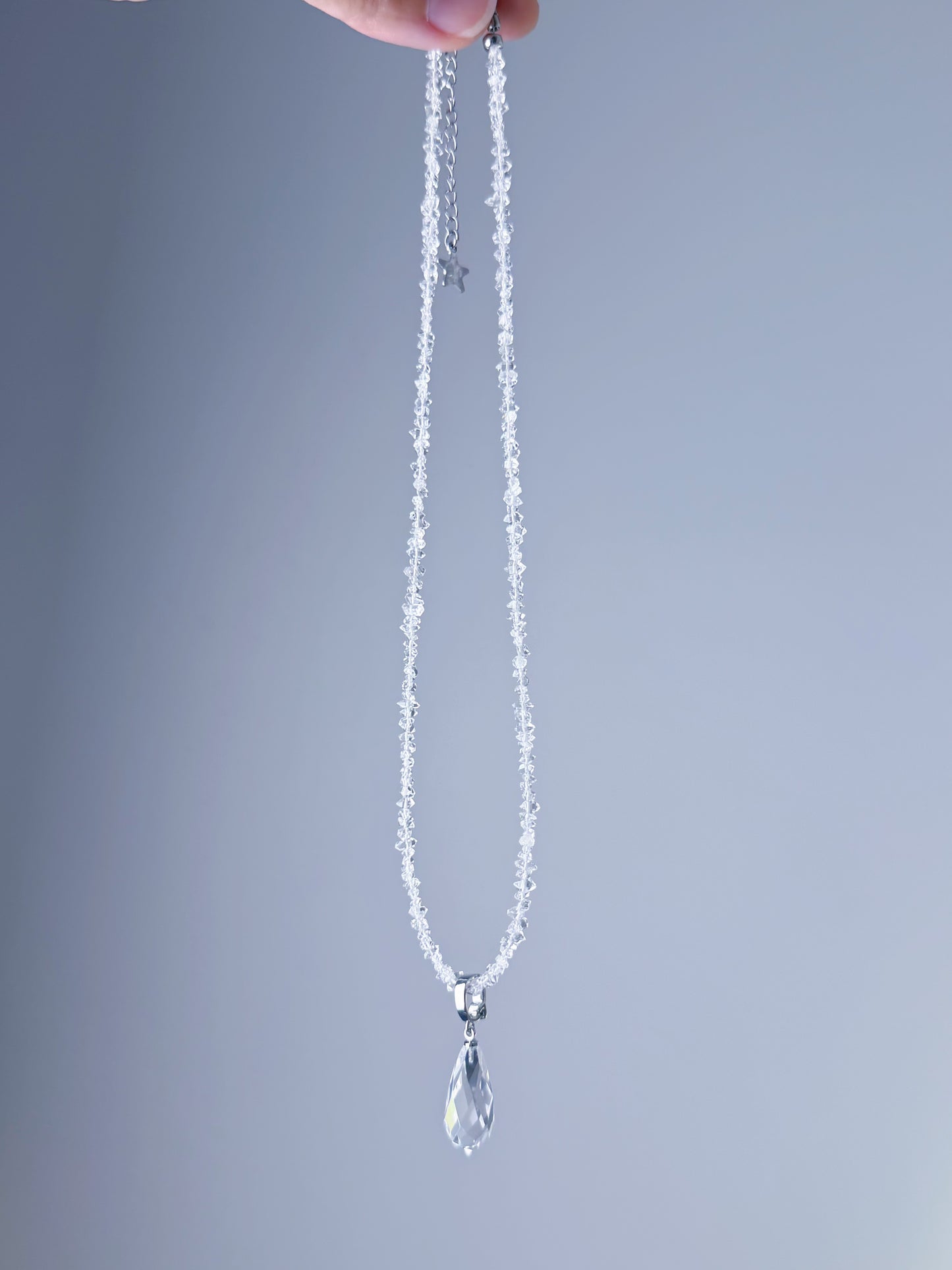 Clear Quartz Crystal Teardrop Pendant and Herkimer Diamond Beaded Necklace