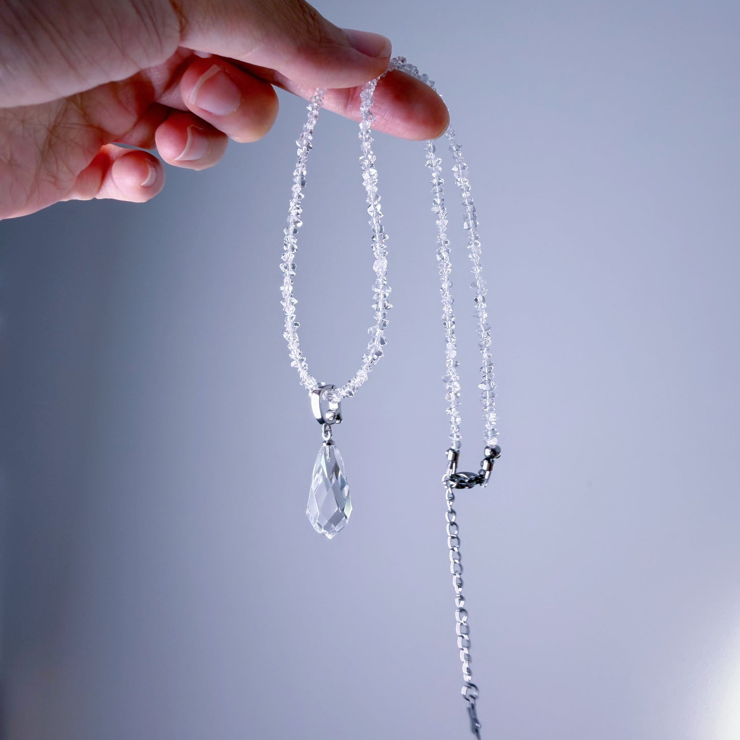 Clear Quartz Crystal Teardrop Pendant and Herkimer Diamond Beaded Necklace