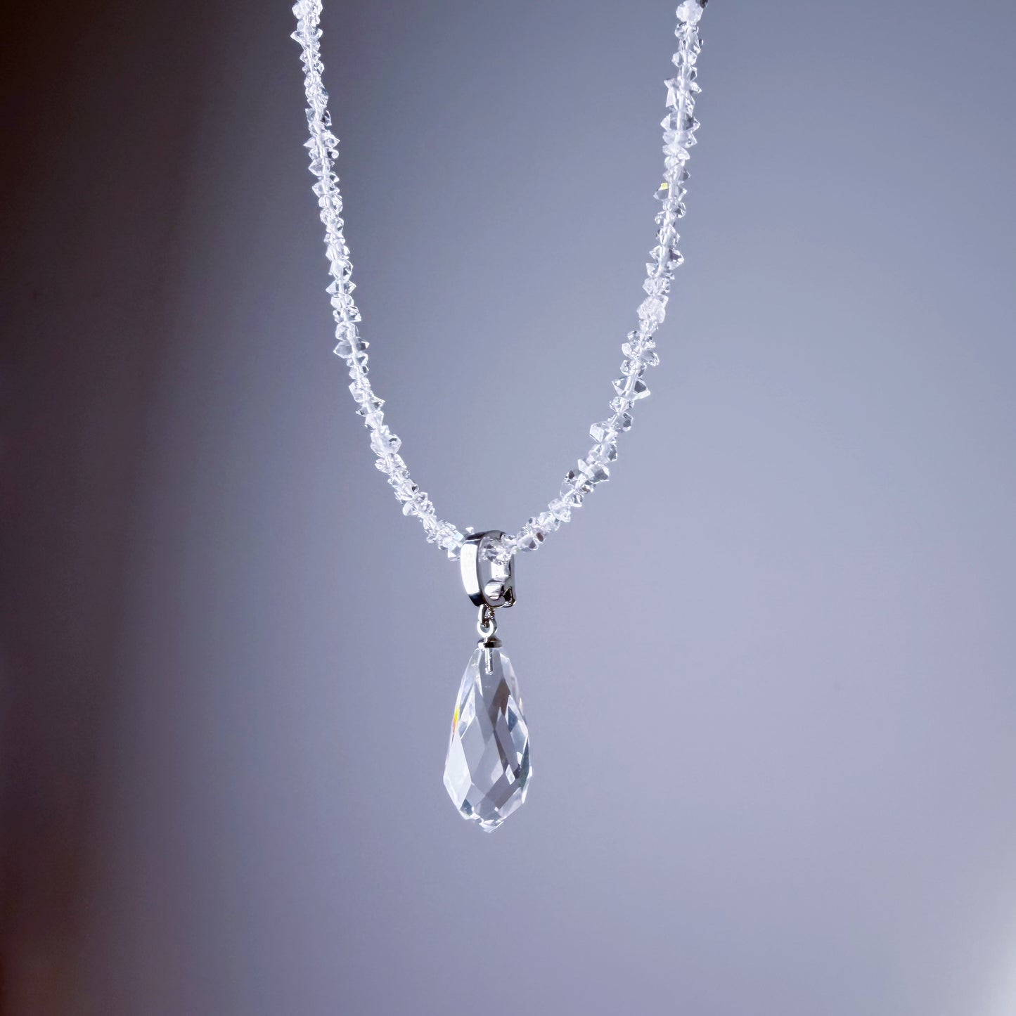 Clear Quartz Crystal Teardrop Pendant and Herkimer Diamond Beaded Necklace