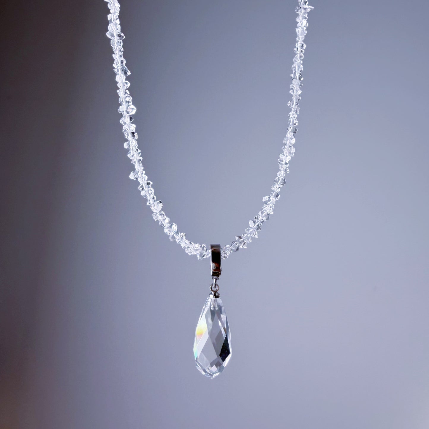 Clear Quartz Crystal Teardrop Pendant and Herkimer Diamond Beaded Necklace