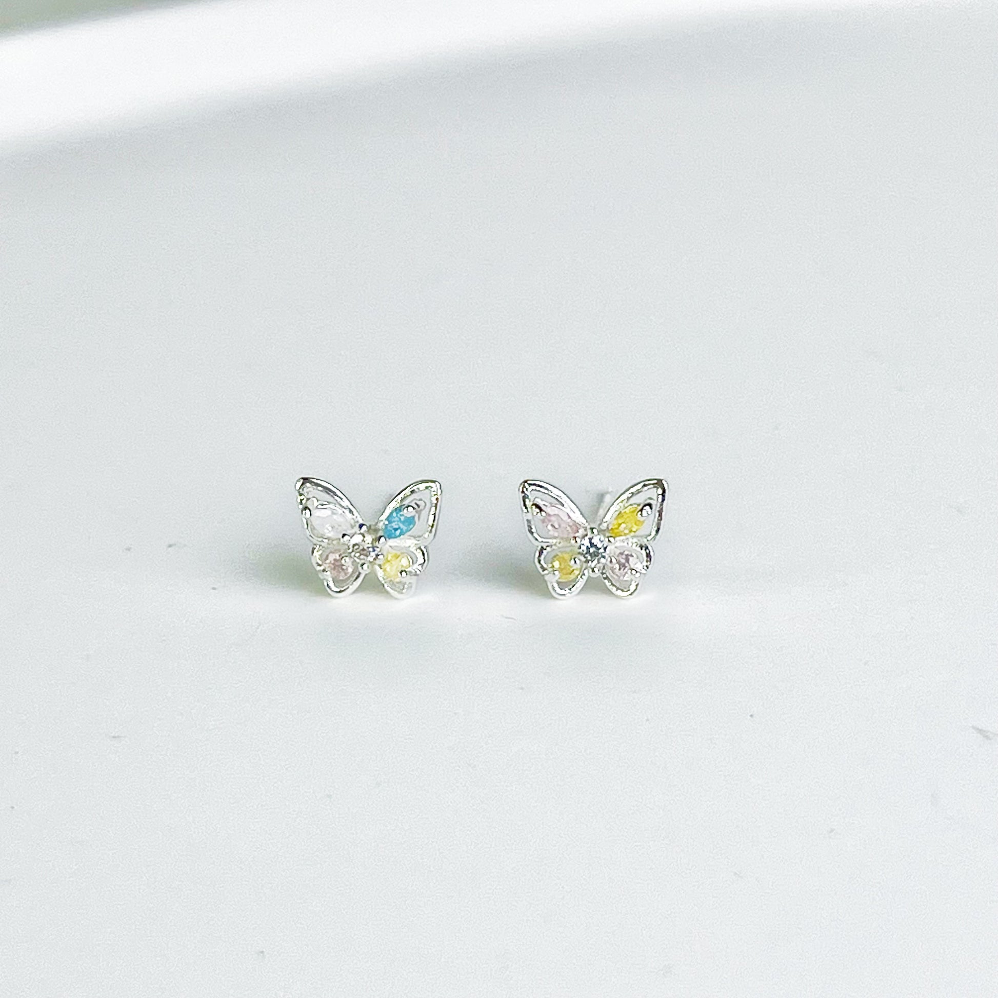 Tiny Silver Butterfly with Rainbow Zircon Earrings-Ninaouity