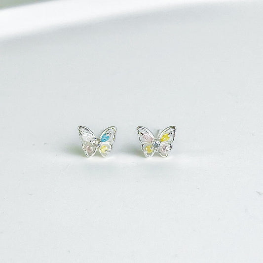 Tiny Silver Butterfly with Rainbow Zircon Earrings