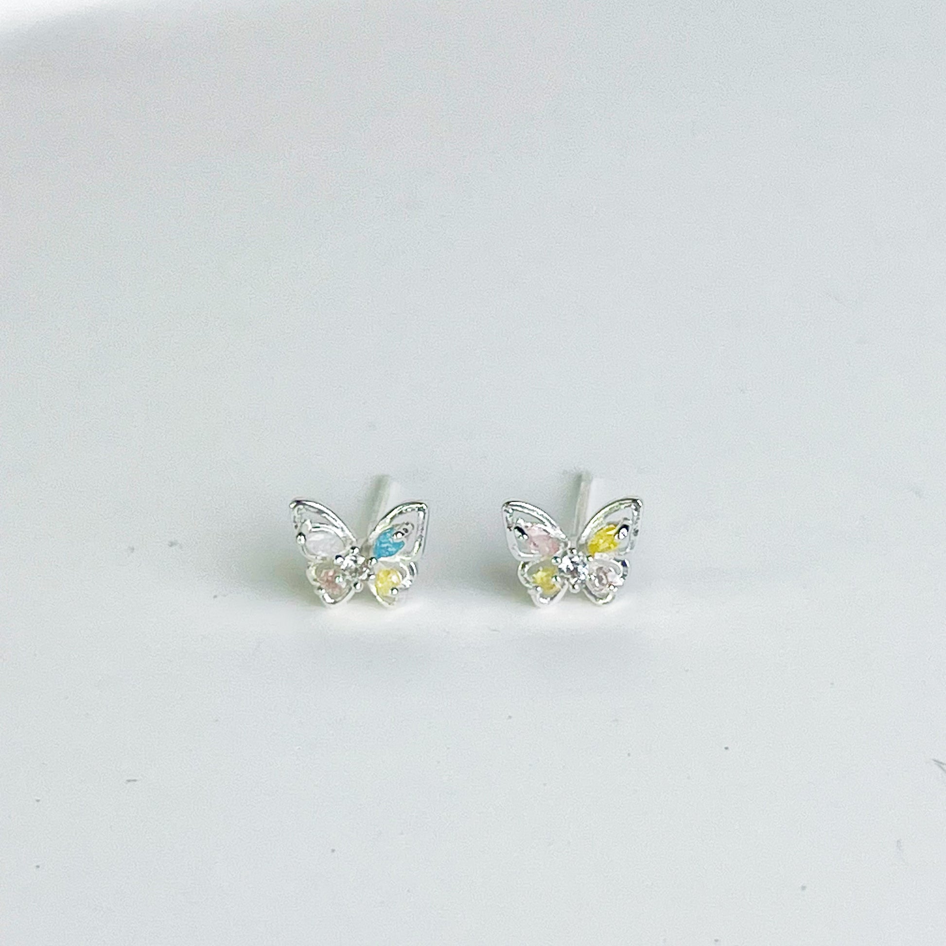 Tiny Silver Butterfly with Rainbow Zircon Earrings-Ninaouity