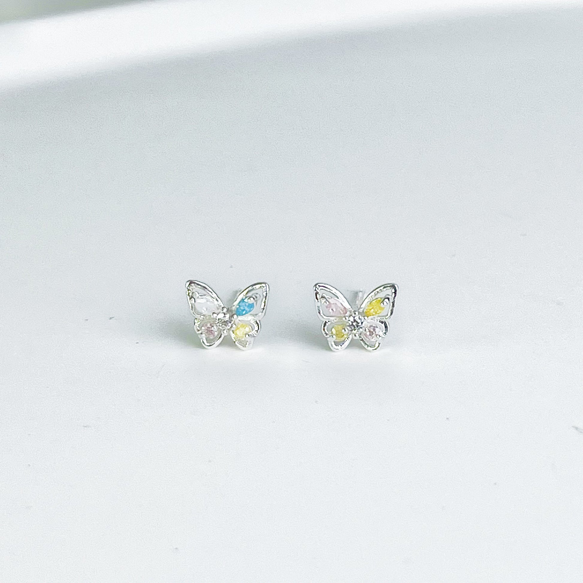 Tiny Silver Butterfly with Rainbow Zircon Earrings-Ninaouity