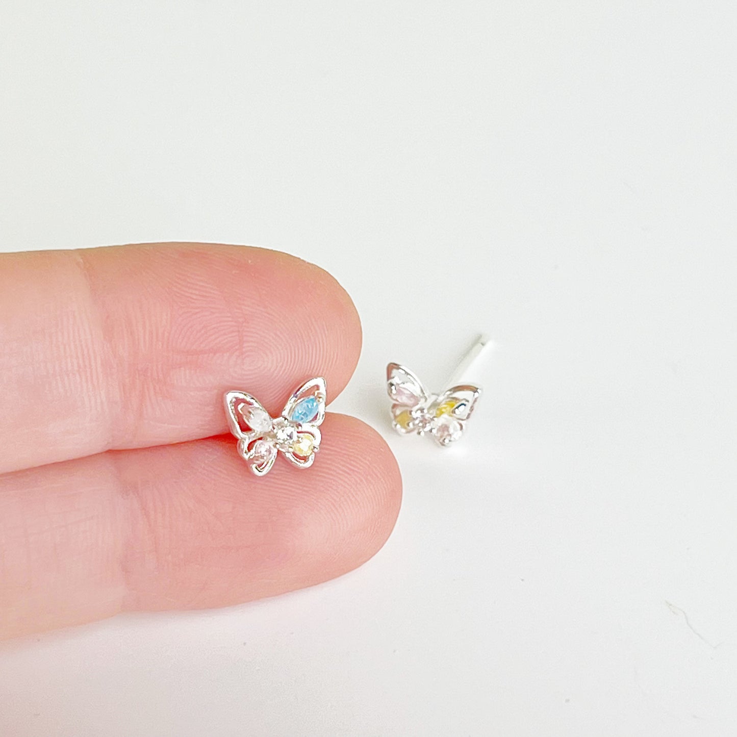 Tiny Silver Butterfly with Rainbow Zircon Earrings-Ninaouity