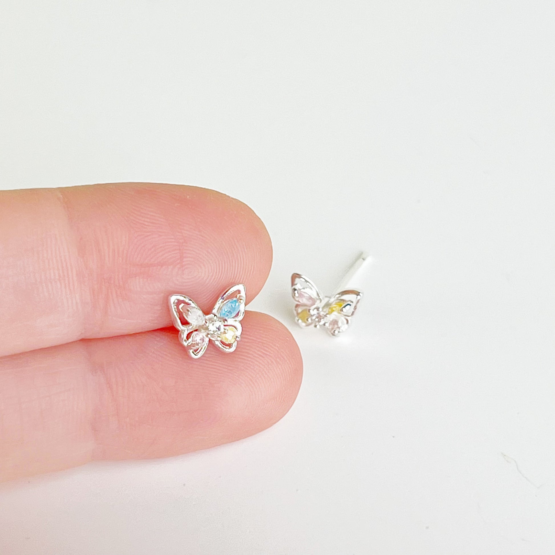 Tiny Silver Butterfly with Rainbow Zircon Earrings-Ninaouity