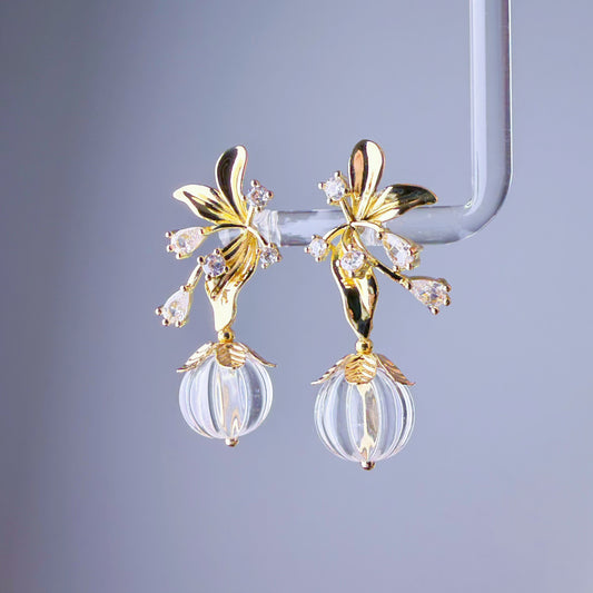 Handmade Natural Clear Quartz Crystal Pumpkin and Flowers Earrings