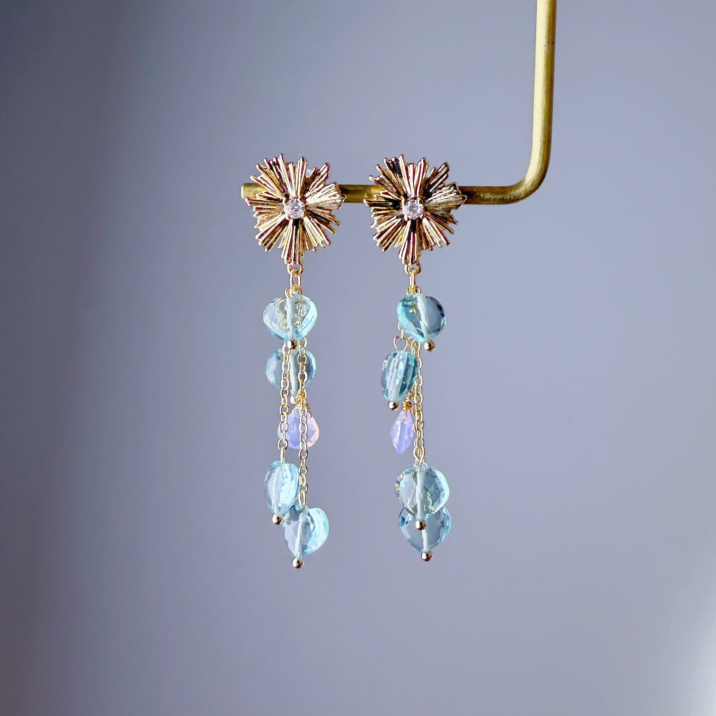 Handmade Firework Green Quartz Crystal Hearts Dangle Earrings