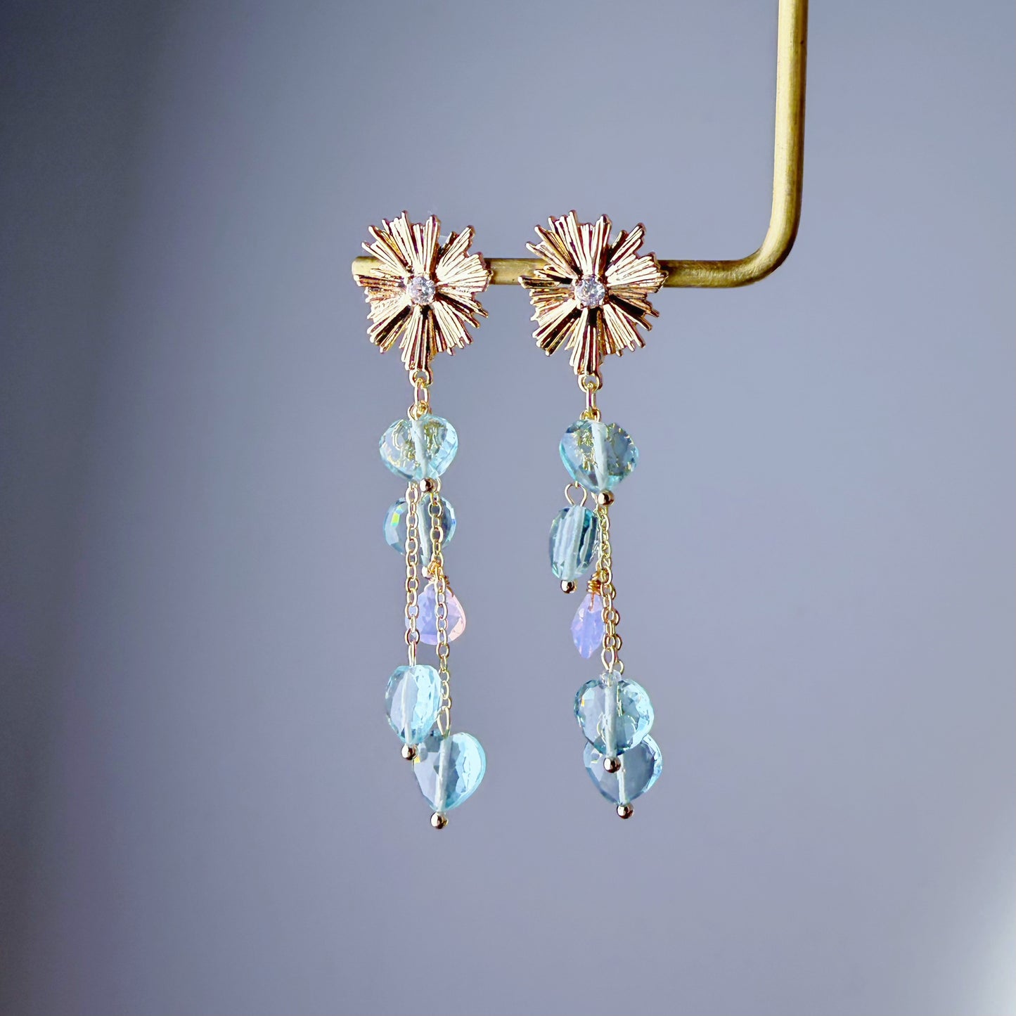 Handmade Firework Green Quartz Crystal Hearts Dangle Earrings