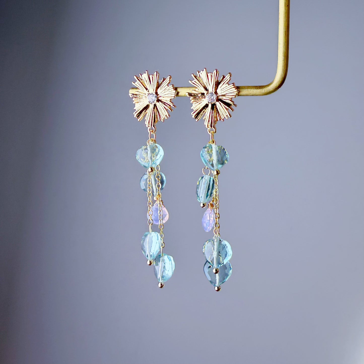 Handmade Firework Green Quartz Crystal Hearts Dangle Earrings