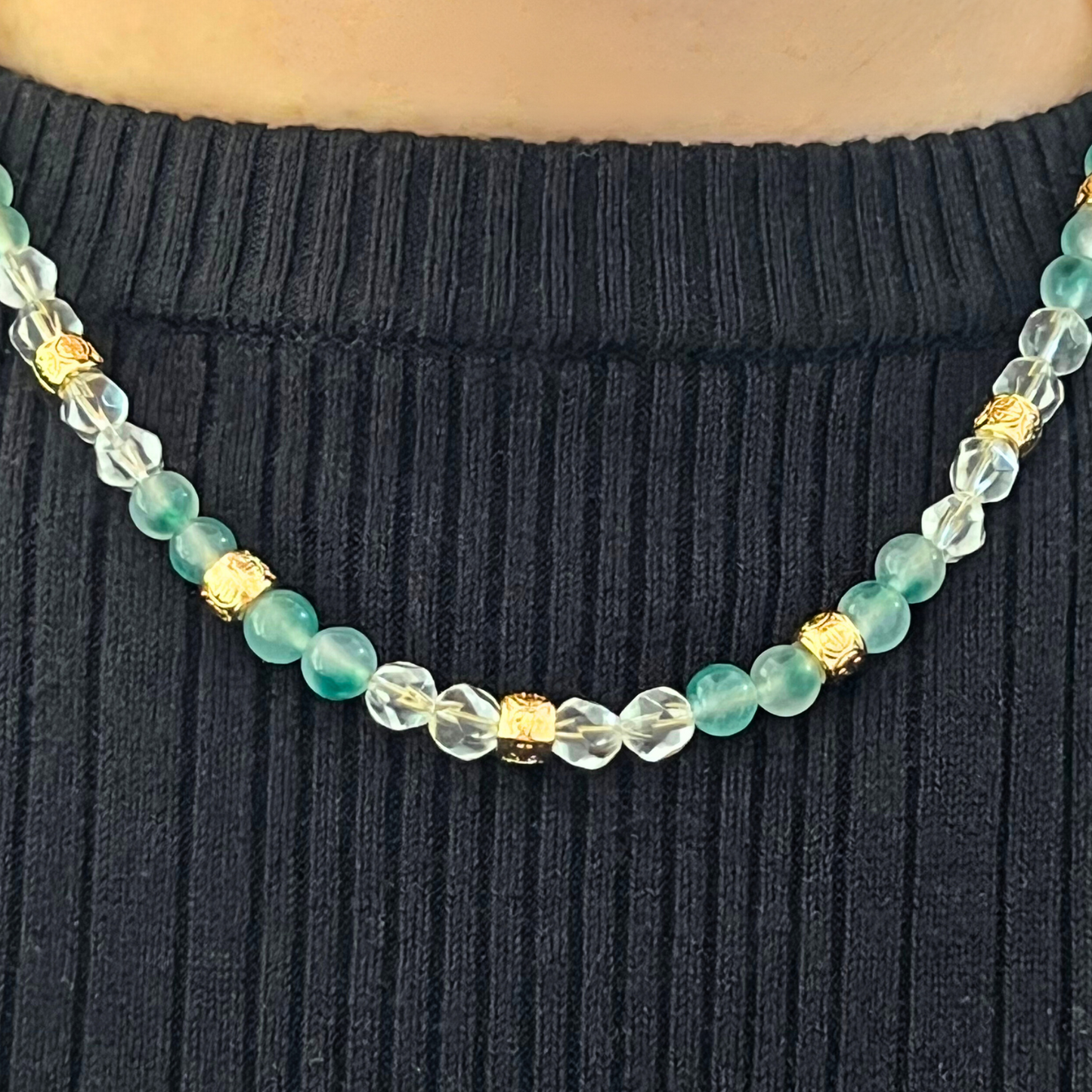 Green Jade and Clear Quartz Crystal Necklace-Ninaouity