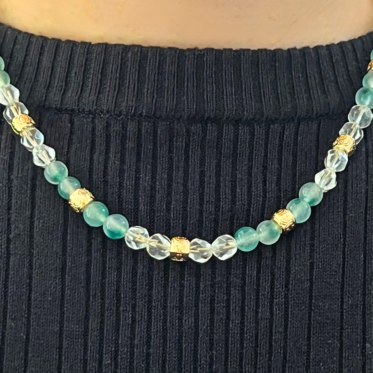 Green Jade and Clear Quartz Crystal Necklace-Ninaouity