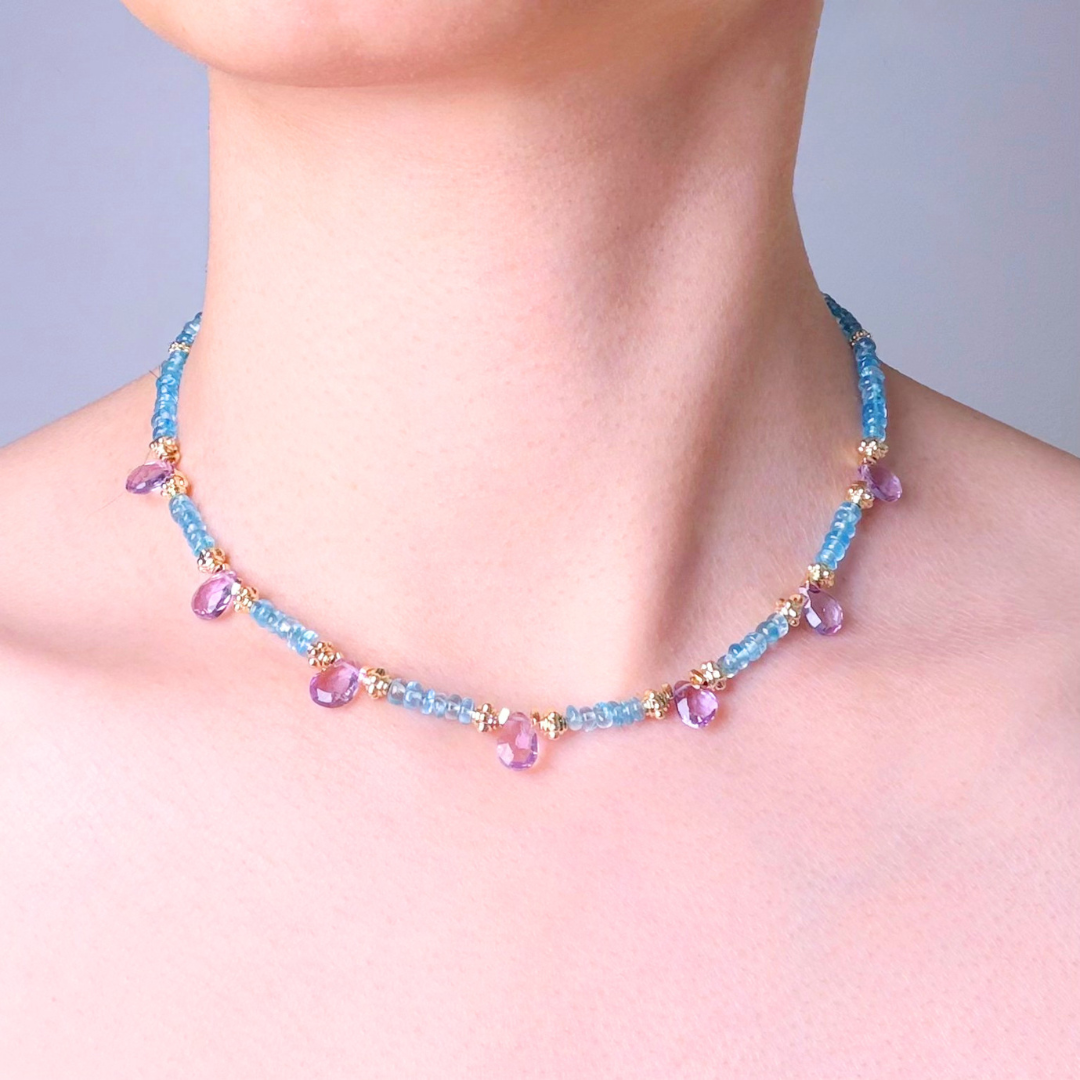 Handmade Natural Amethyst and Blue Paraiba Apatite Faceted Gemstone Beads Necklace
