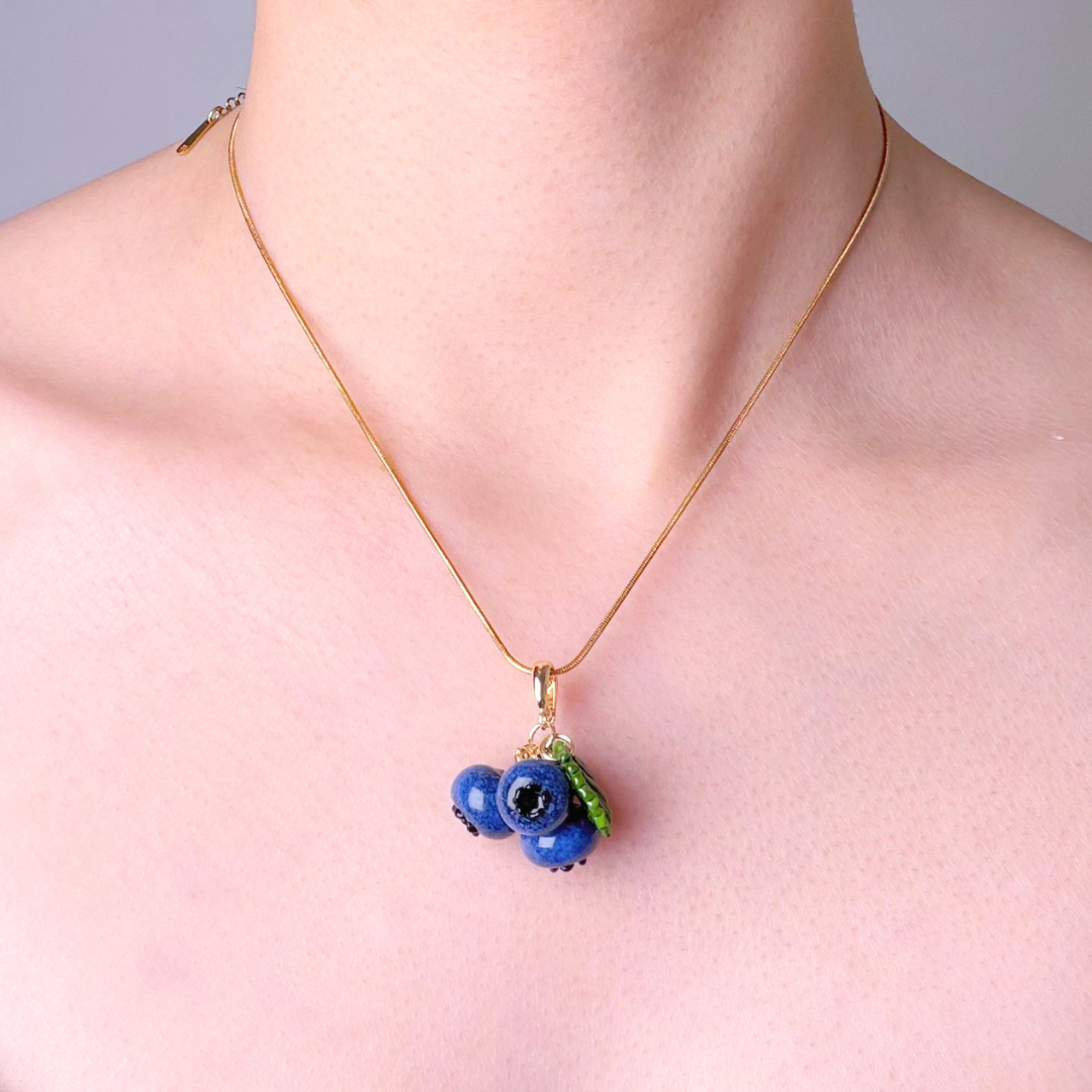 Handmade Lampwork Glass Blueberries Pendant Necklace