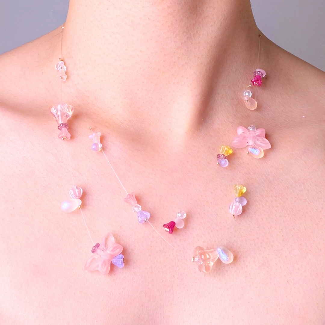 Handmade Pink Butterflies Floating Flowers Glass Beaded Necklace