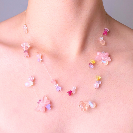 Handmade Pink Butterflies Floating Flowers Glass Beaded Necklace