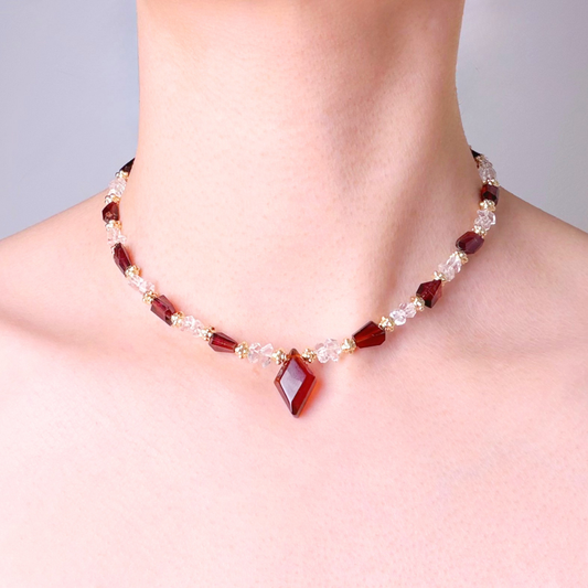 Handmade Garnet Faceted Gemstone and Herkimer Diamond Beads Necklace