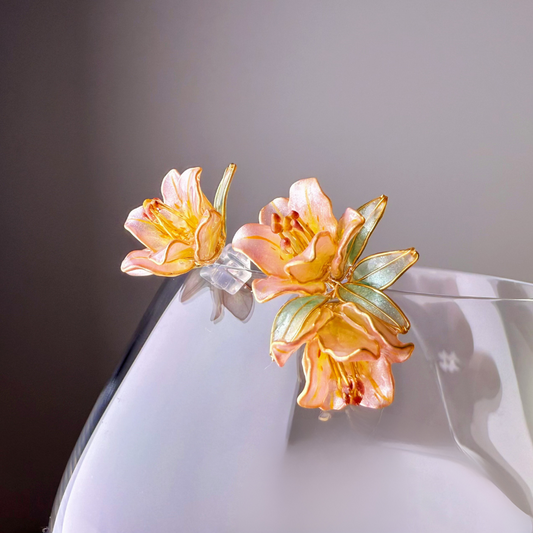 Handmade Salmon Lilies Flower Earrings