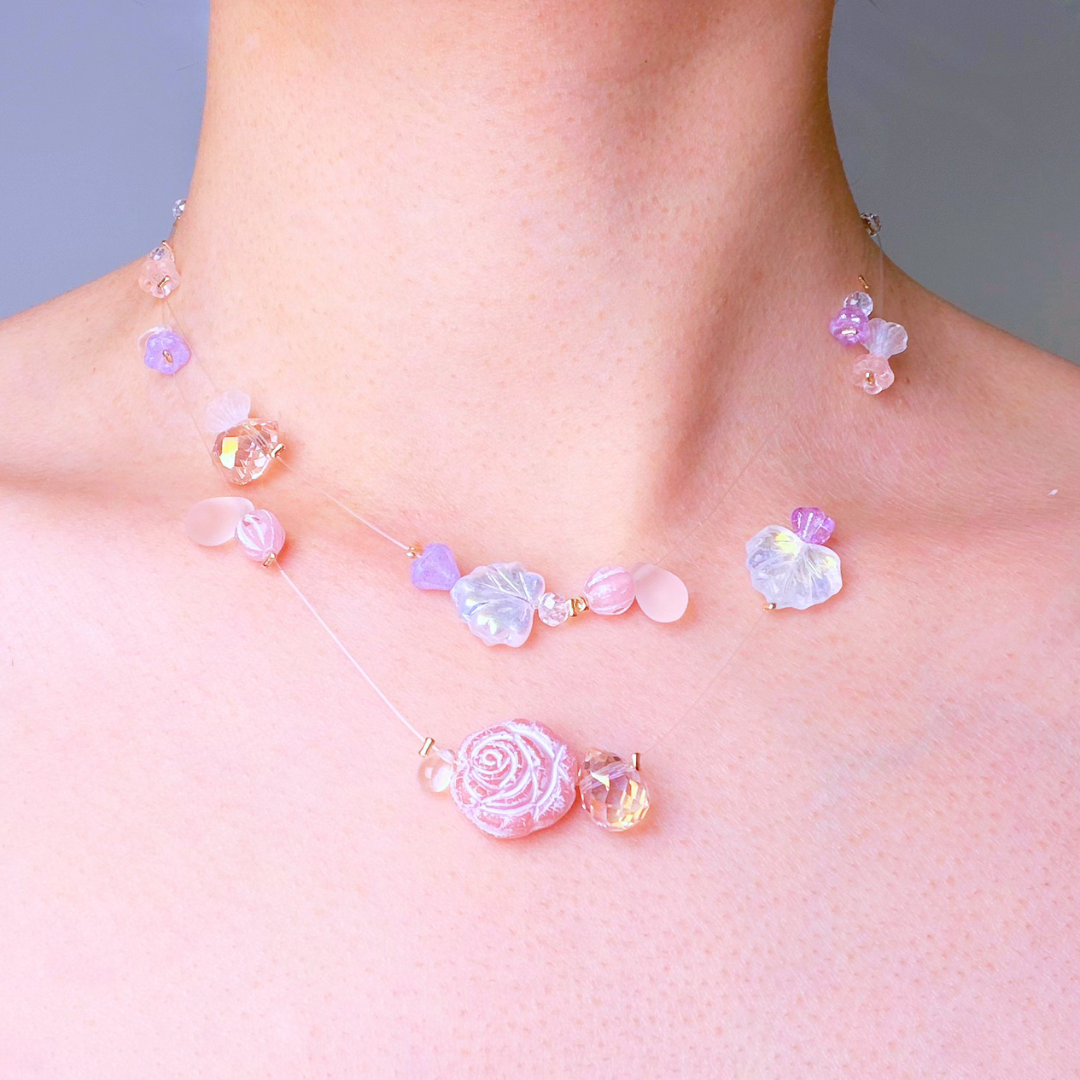 Handmade Pink Rose Floating Flowers Glass Beaded Necklace