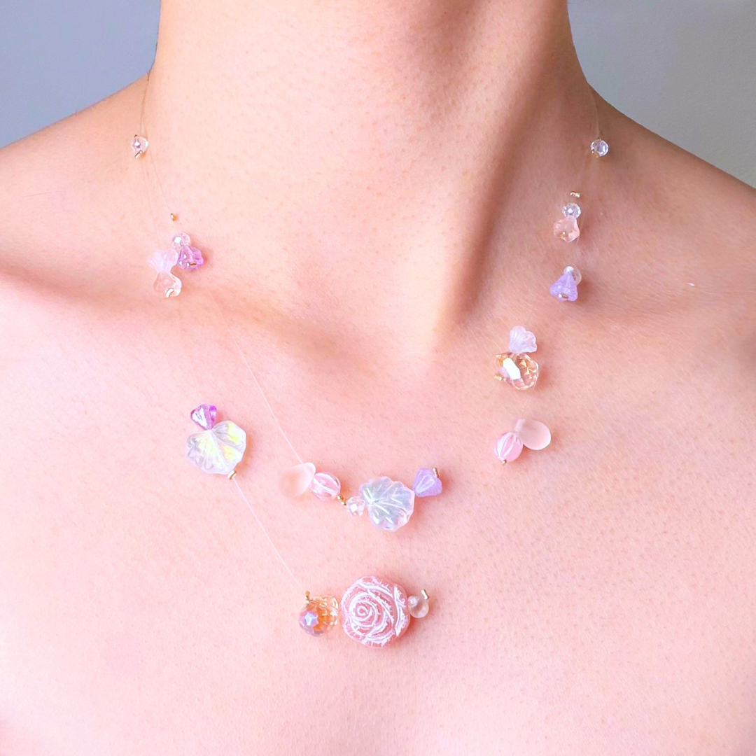 Handmade Pink Rose Floating Flowers Glass Beaded Necklace