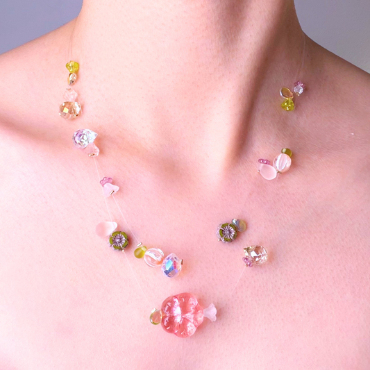 Handmade Pink Sakura Cherry Blossom Floating Flowers Glass Beaded Necklace