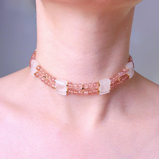 Handmade Strawberry Quartz and White Phantom Quartz Celestial Choker Bracelet