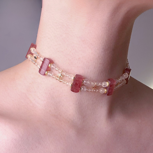 Handmade Strawberry Quartz and Clear Quartz Celestial Choker Bracelet