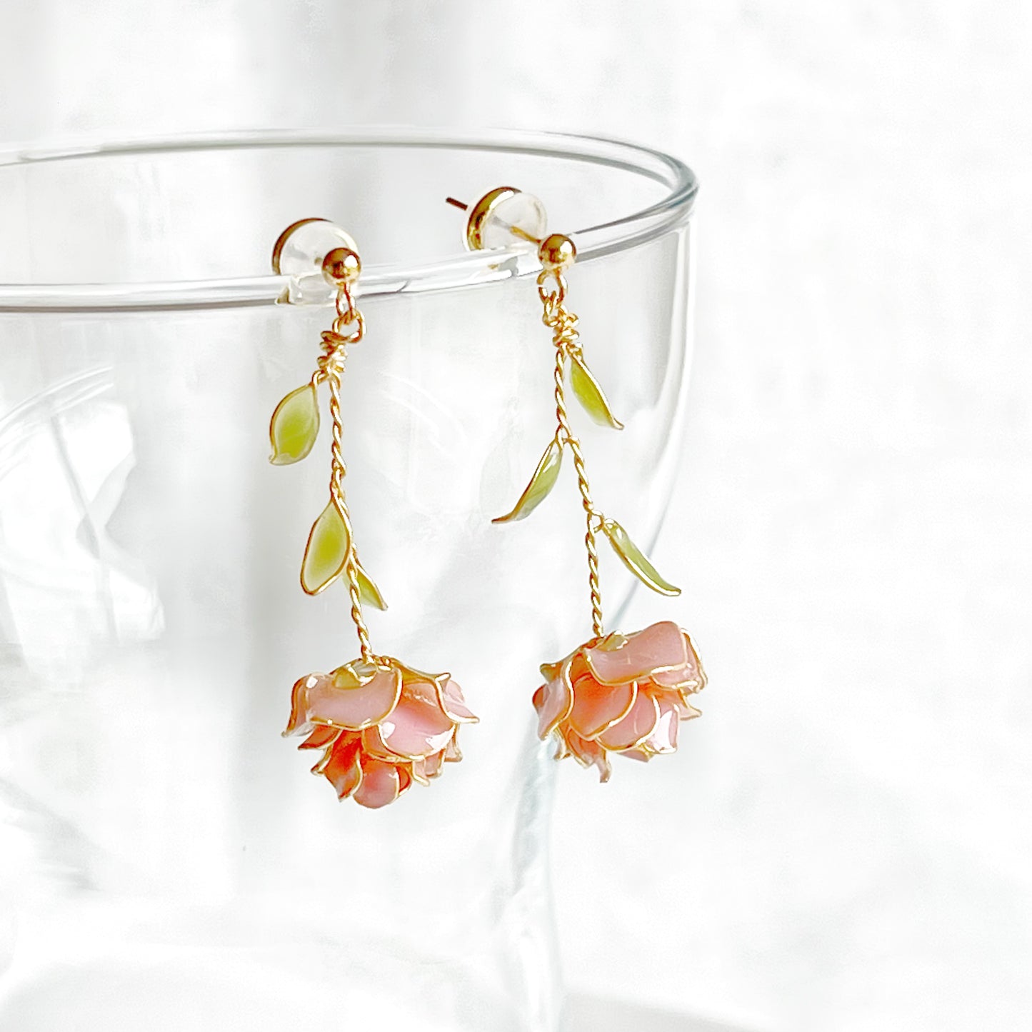 Handmade Pink Rose Flower Earrings-Ninaouity