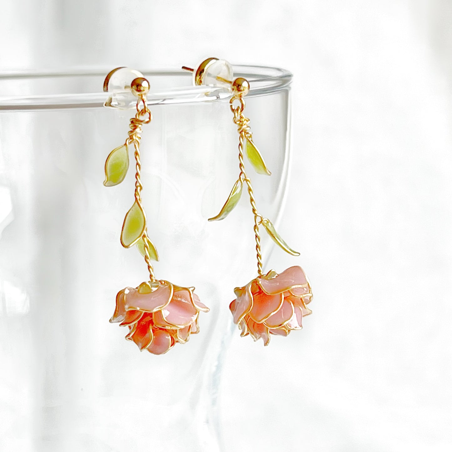 Handmade Pink Rose Flower Earrings-Ninaouity