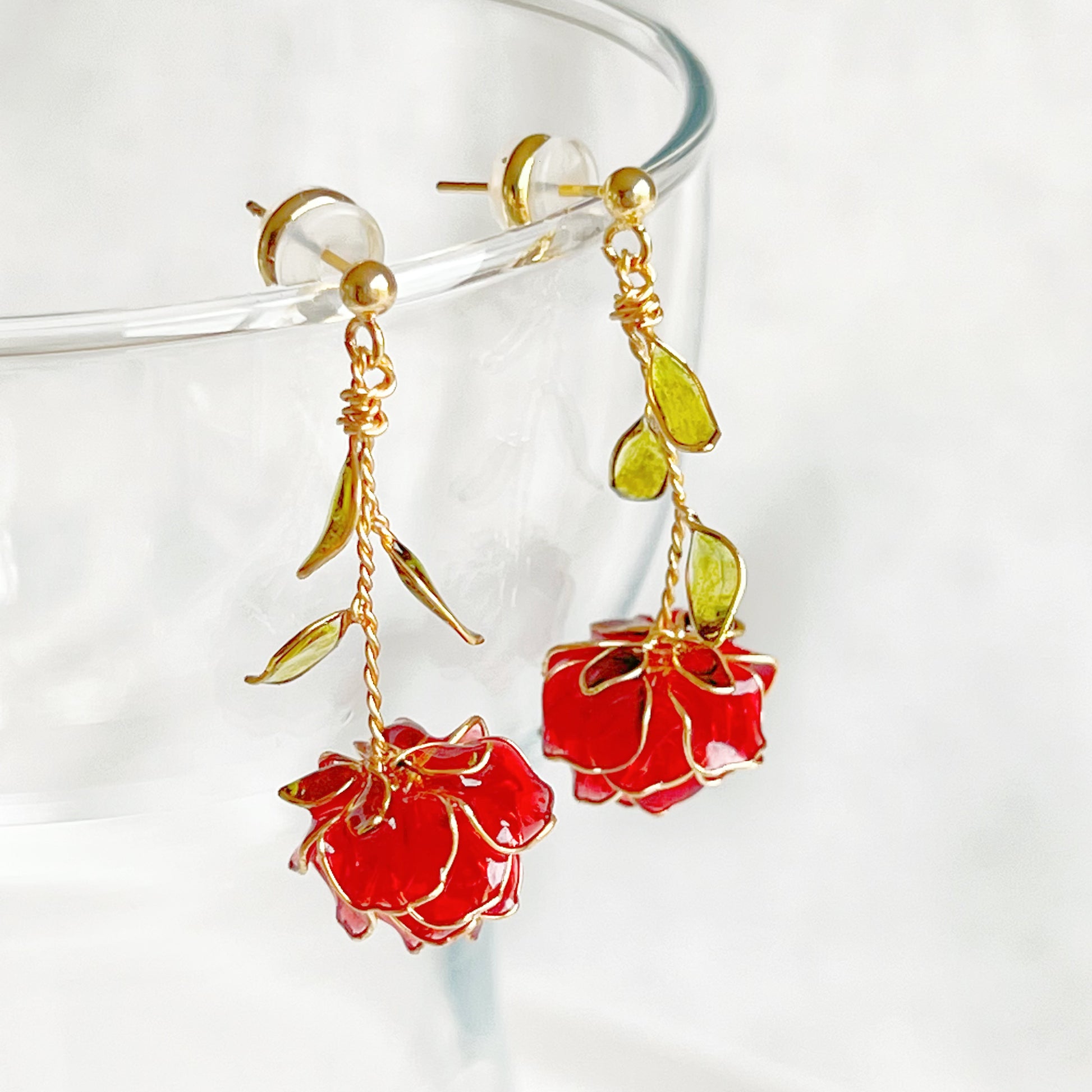 Handmade Red Rose Flower Earrings-Ninaouity