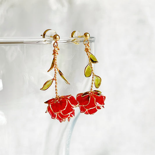 Handmade Red Rose Flower Earrings-Ninaouity