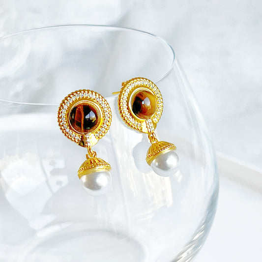 Tiger's Eye and Pearl Drop Earrings-Ninaouity