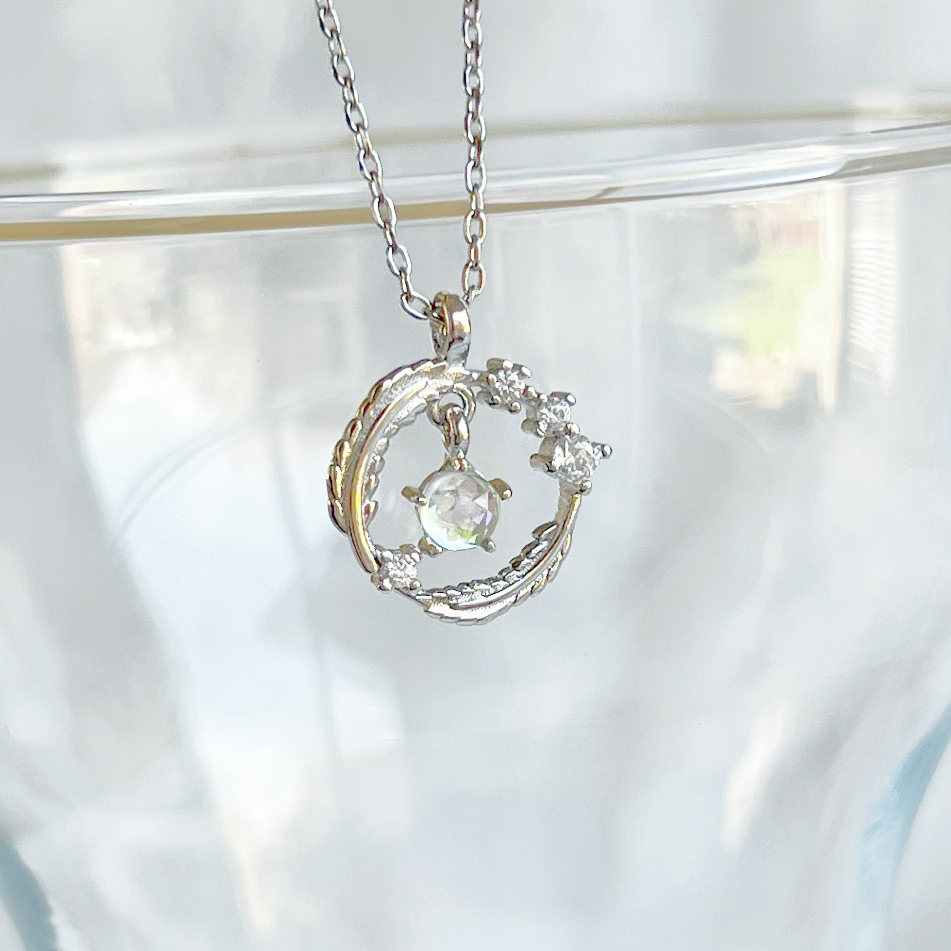 Feather Wreath and Crystal Drop Charm Necklace-Ninaouity