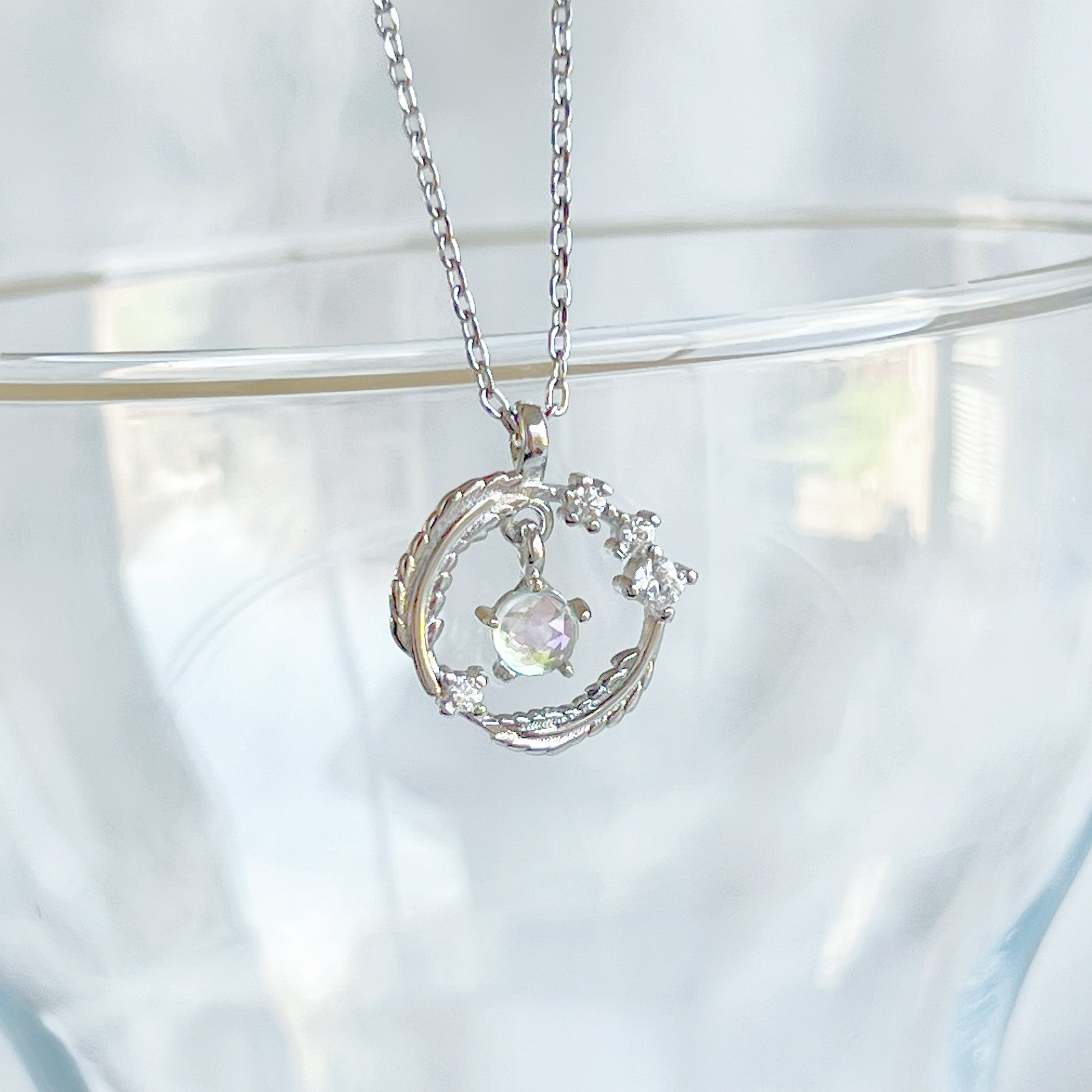 Feather Wreath and Crystal Drop Charm Necklace-Ninaouity