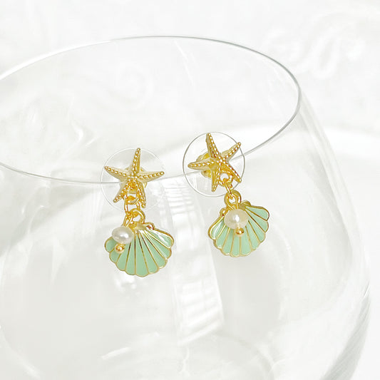 Gold Starfish and Green Seashell with Mini Pearl Drop Earrings-Ninaouity