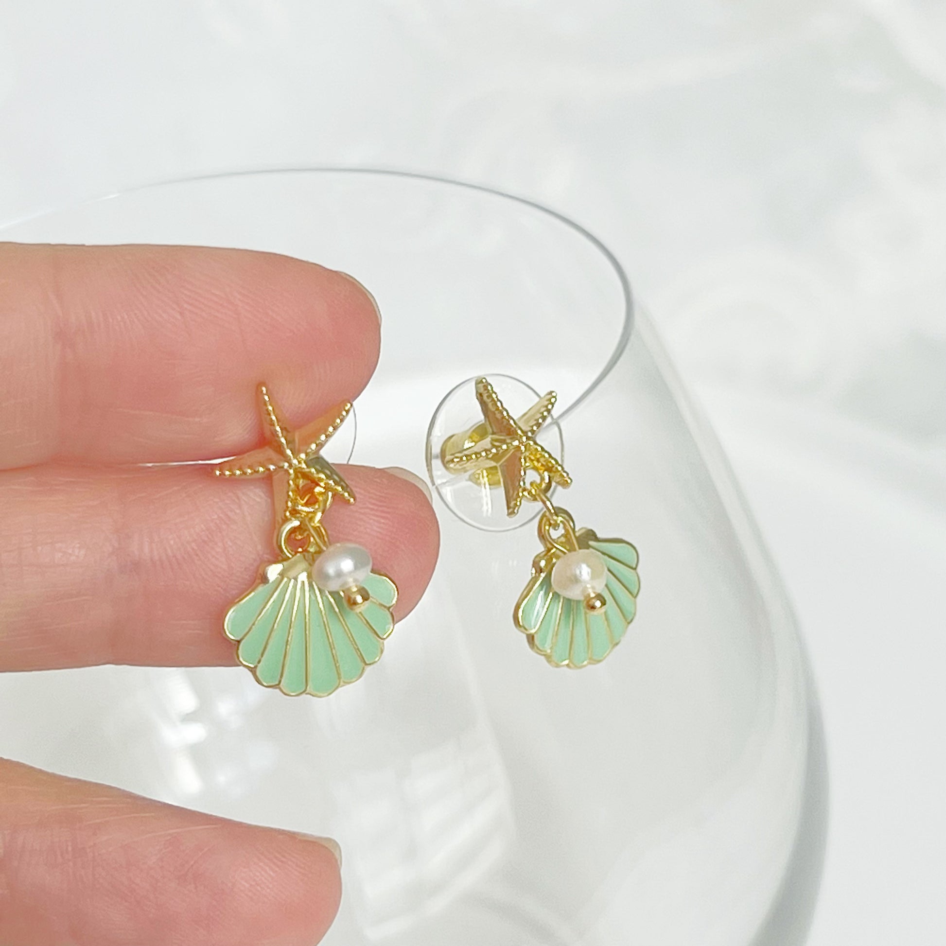 Gold Starfish and Green Seashell with Mini Pearl Drop Earrings-Ninaouity