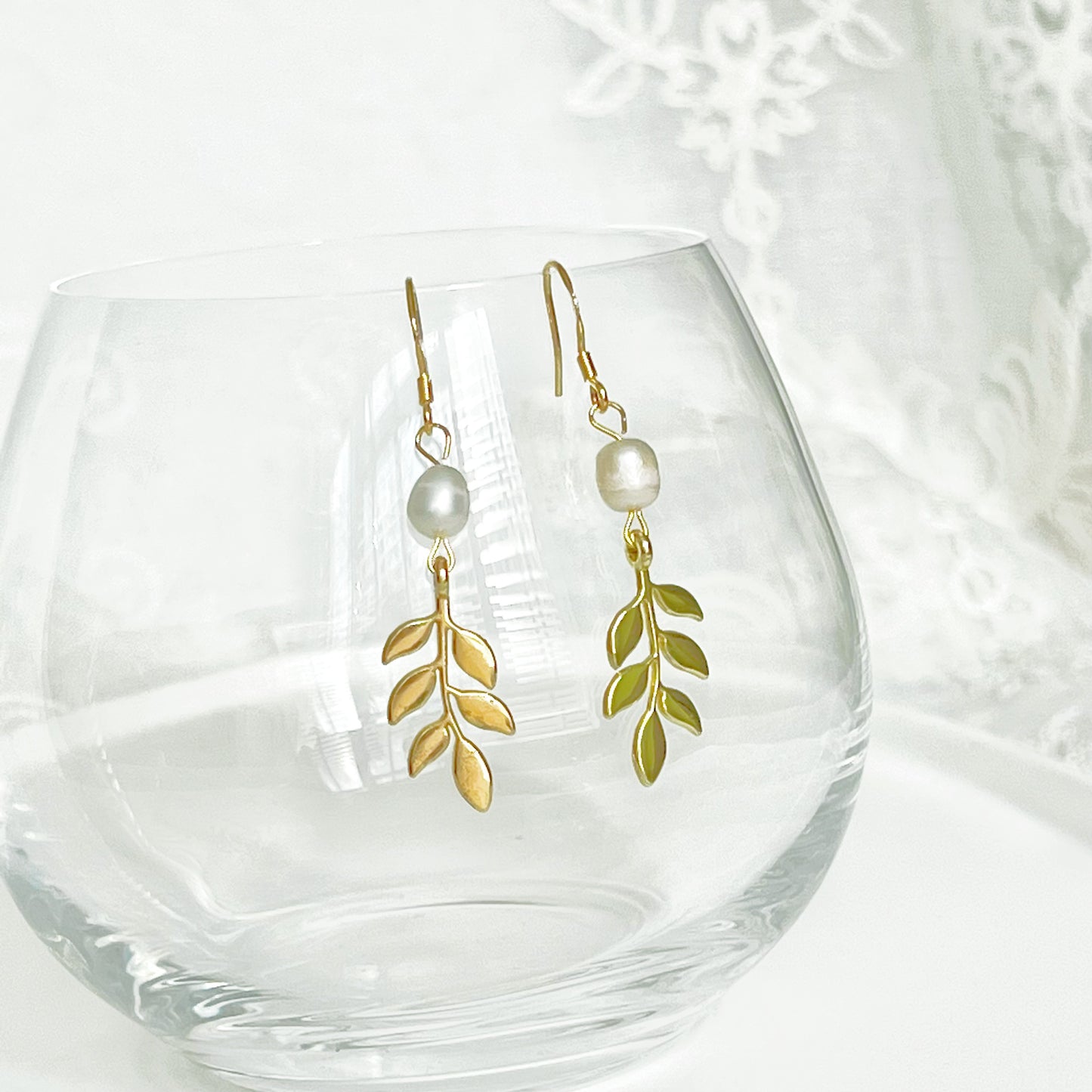 Gold Willow Leaf and Freshwater Pearl Earrings-Ninaouity