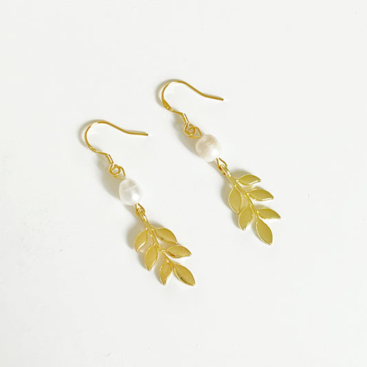 Gold Willow Leaf and Freshwater Pearl Earrings-Ninaouity