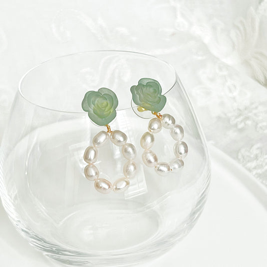 Green Rose Flower with Pearls Hoop Earrings-Ninaouity