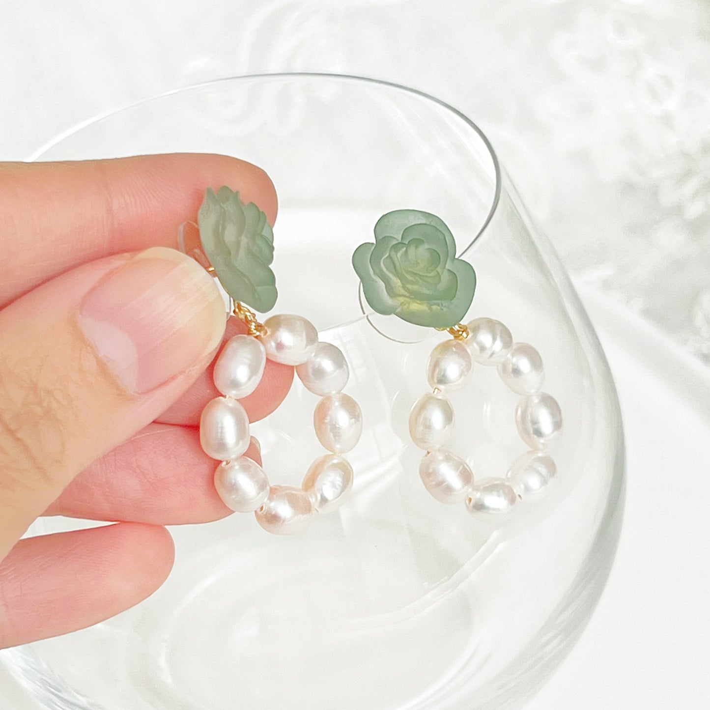 Green Rose Flower with Pearls Hoop Earrings-Ninaouity