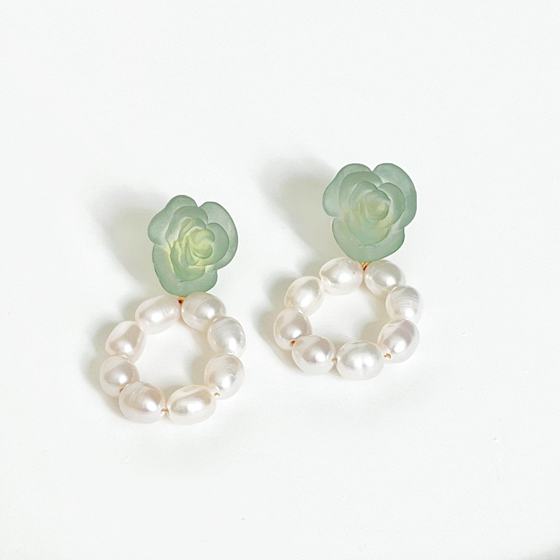 Green Rose Flower with Pearls Hoop Earrings-Ninaouity