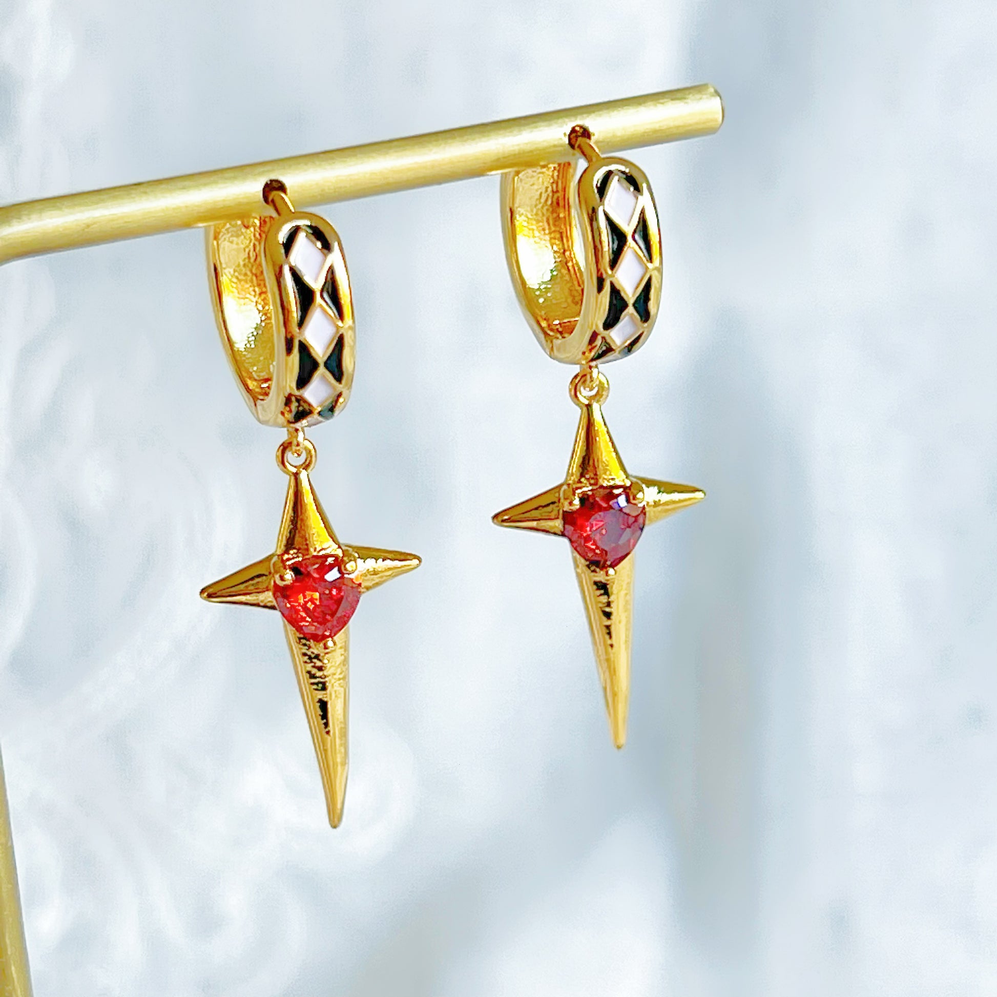 Gold Star with Red Heart Hoop Hinged Earrings-Ninaouity