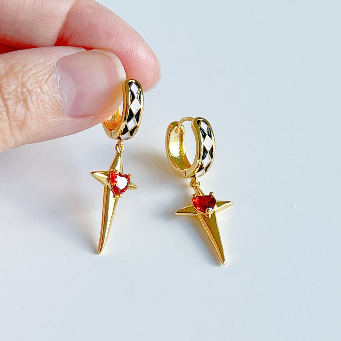 Gold Star with Red Heart Hoop Hinged Earrings-Ninaouity
