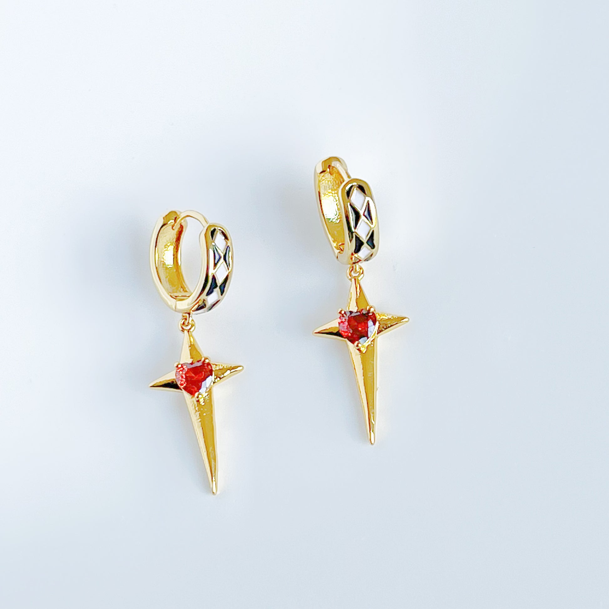 Gold Star with Red Heart Hoop Hinged Earrings-Ninaouity