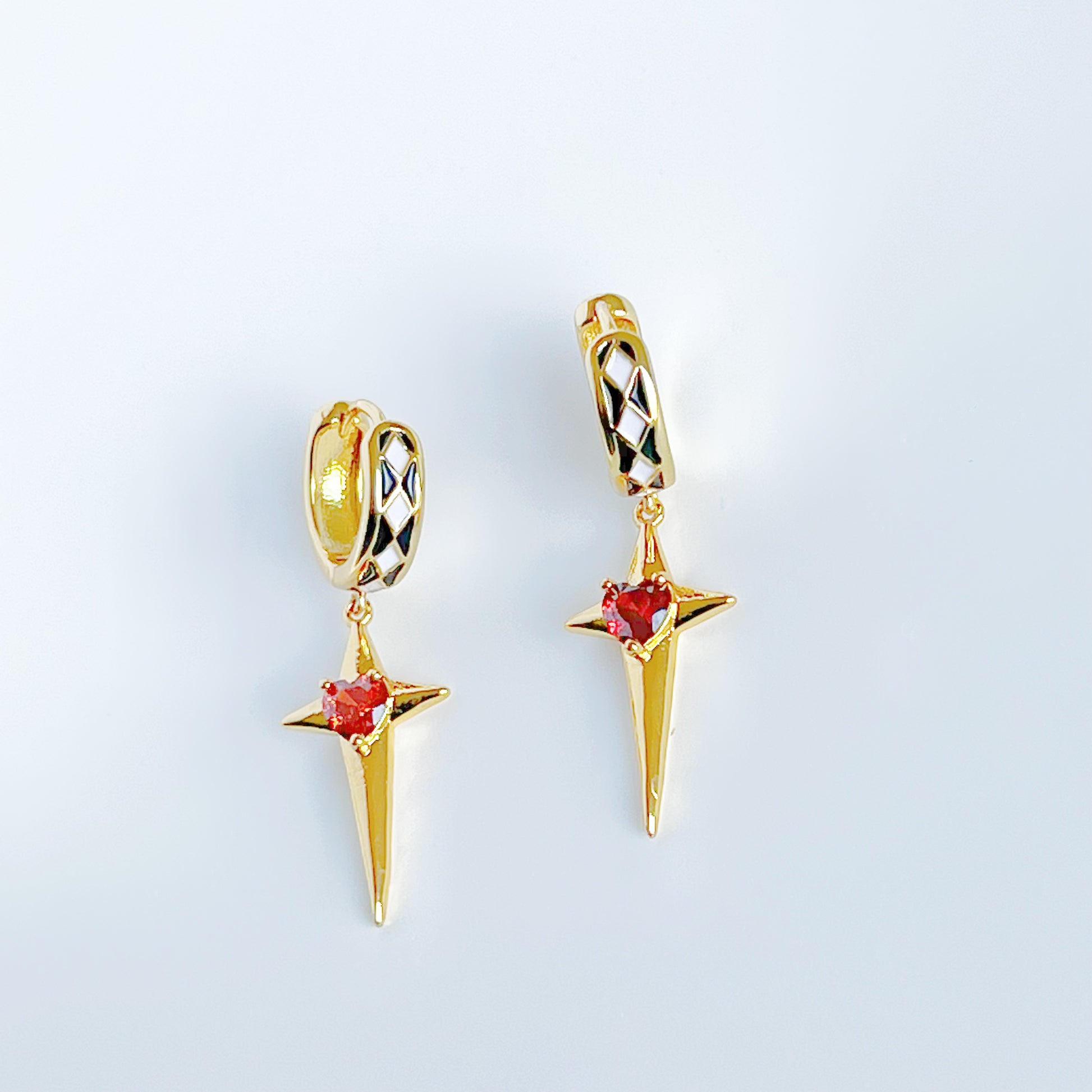 Gold Star with Red Heart Hoop Hinged Earrings-Ninaouity