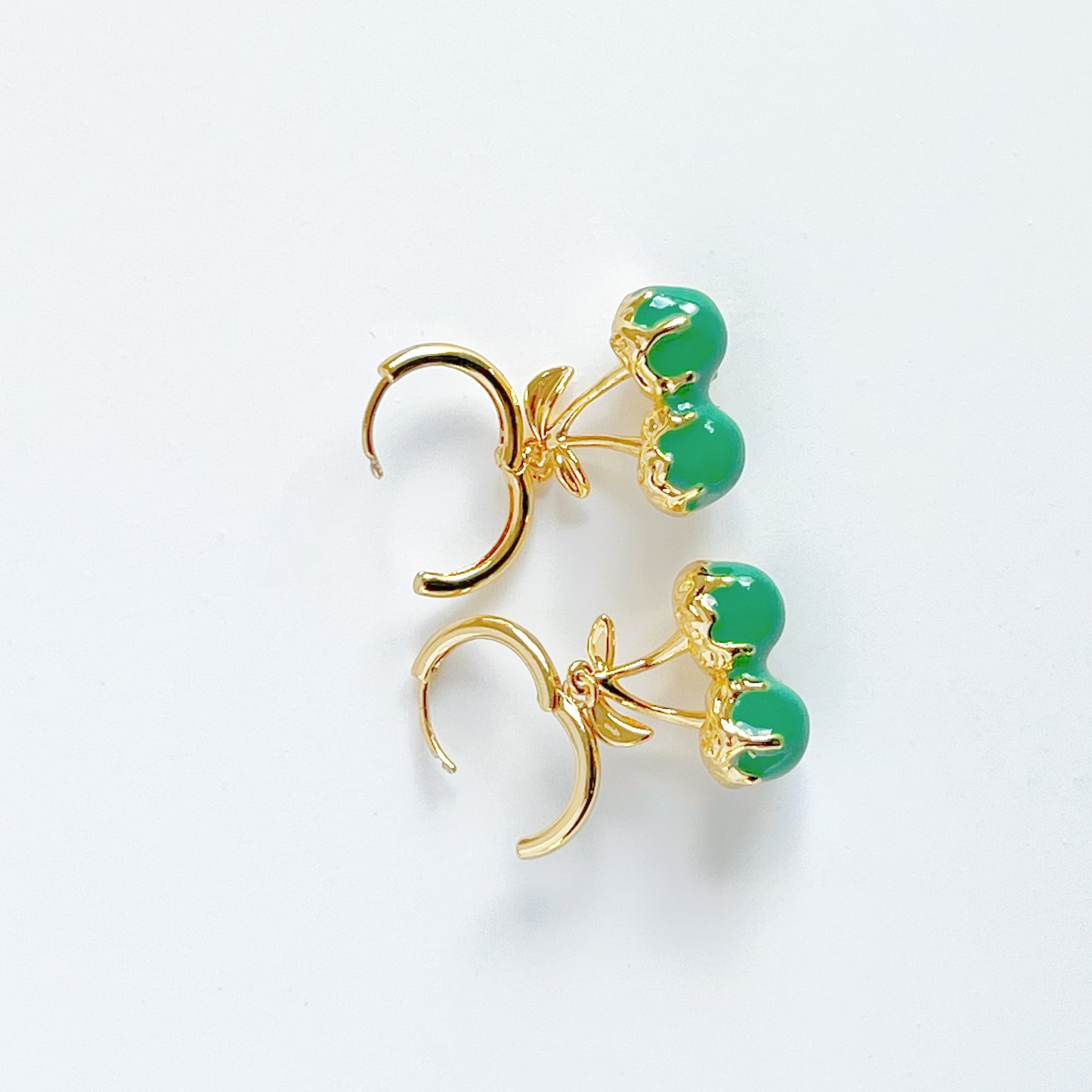 Green Cherry in Gold Hoop Hinged Earrings-Ninaouity