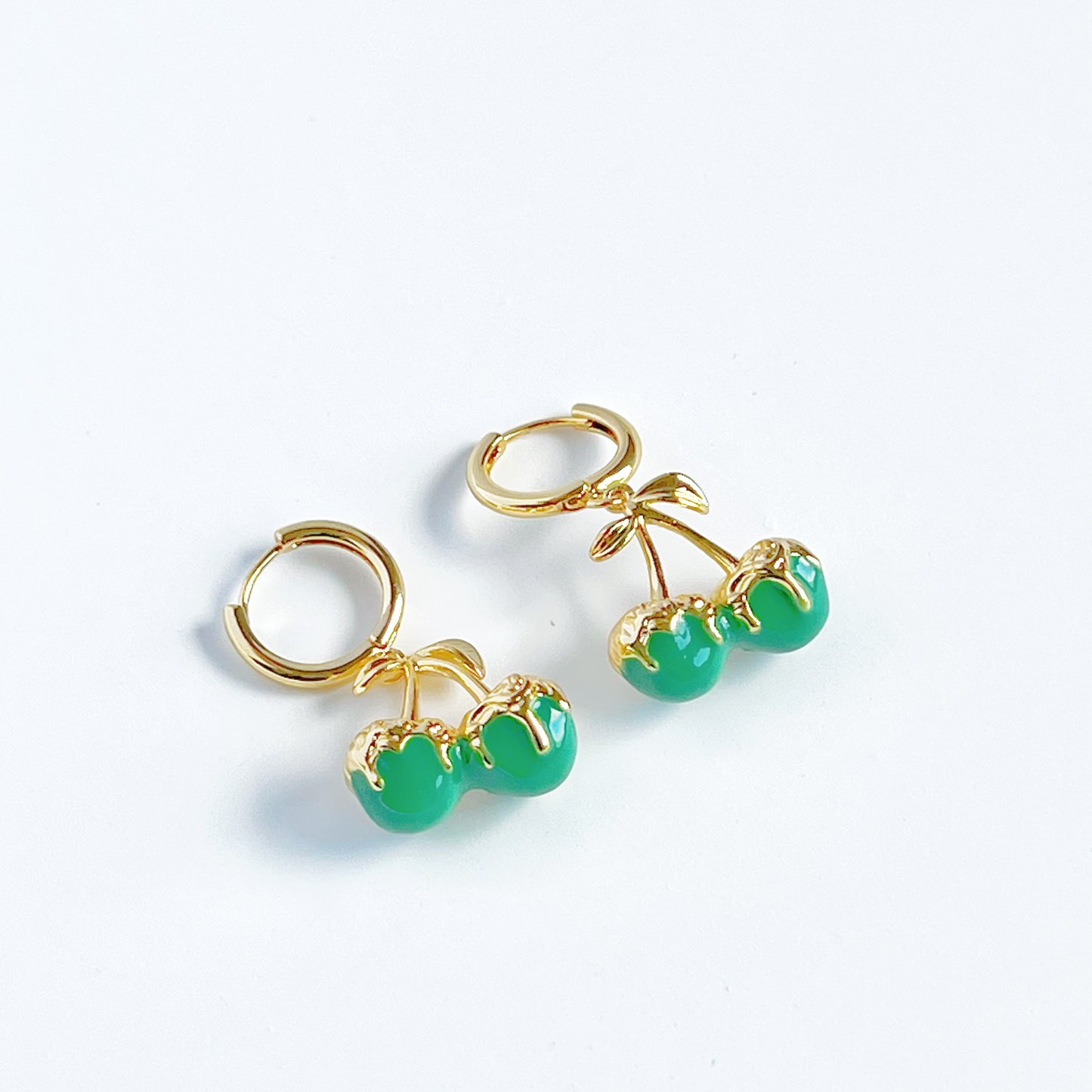 Green Cherry in Gold Hoop Hinged Earrings-Ninaouity